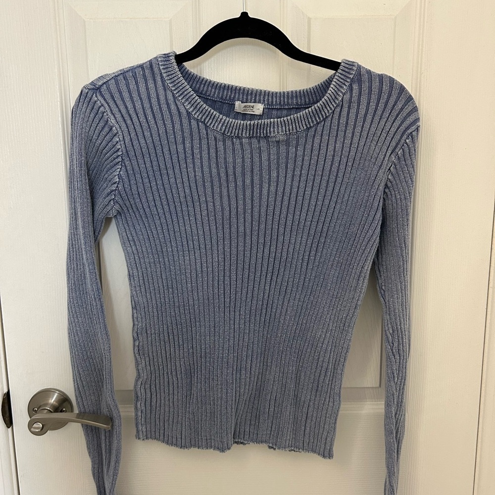 Blue Ribbed Long Sleeve, Wide-Neck Shirt, Sz L